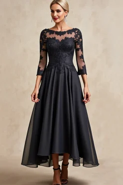 Preto Pescoço de Barco Linha-A Chiffon Longos Vestido Mae Noiva