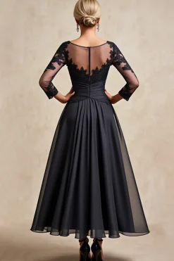 Preto Pescoço de Barco Linha-A Chiffon Longos Vestido Mae Noiva