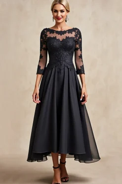 Preto Pescoço de Barco Linha-A Chiffon Longos Vestido Mae Noiva