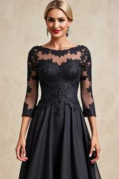 Preto Pescoço de Barco Linha-A Chiffon Longos Vestido Mae Noiva