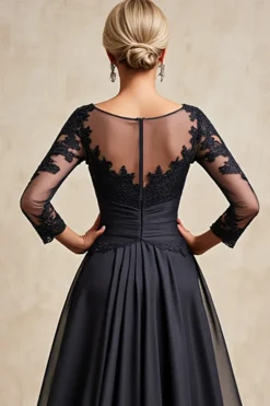 Preto Pescoço de Barco Linha-A Chiffon Longos Vestido Mae Noiva