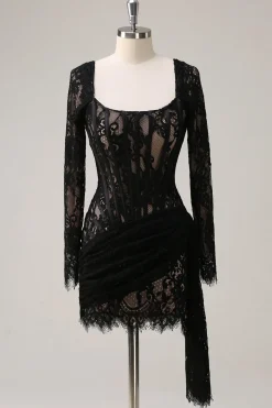 Preto Pescoço Quadrado Corset Ruched Backless Vestido de Coquetel Curto com Mangas Longas