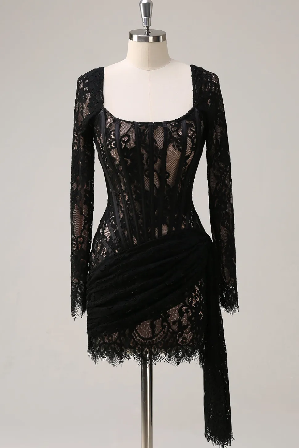 Preto Pescoço Quadrado Corset Ruched Backless Vestido de Coquetel Curto com Mangas Longas