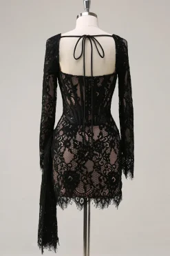 Preto Pescoço Quadrado Corset Ruched Backless Vestido de Coquetel Curto com Mangas Longas