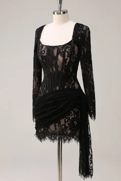 Preto Pescoço Quadrado Corset Ruched Backless Vestido de Coquetel Curto com Mangas Longas