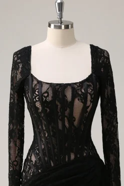 Preto Pescoço Quadrado Corset Ruched Backless Vestido de Coquetel Curto com Mangas Longas