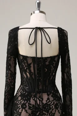 Preto Pescoço Quadrado Corset Ruched Backless Vestido de Coquetel Curto com Mangas Longas