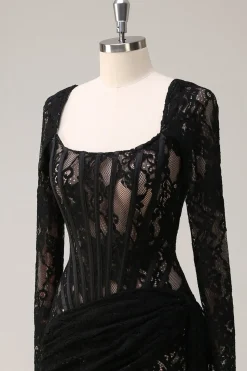 Preto Pescoço Quadrado Corset Ruched Backless Vestido de Coquetel Curto com Mangas Longas
