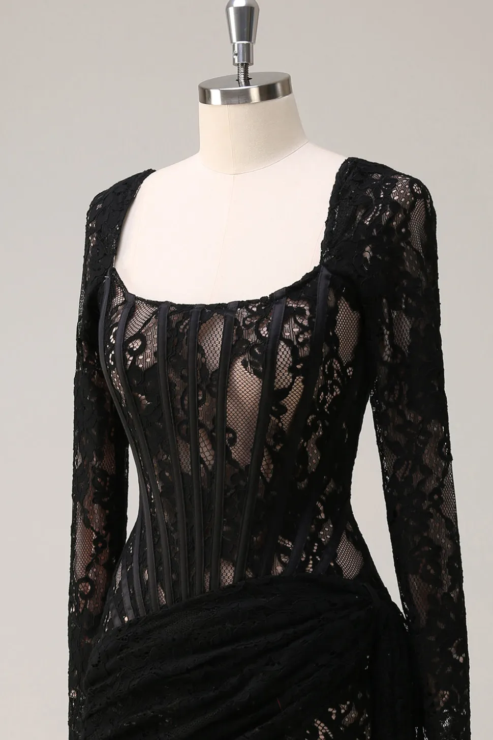 Preto Pescoço Quadrado Corset Ruched Backless Vestido de Coquetel Curto com Mangas Longas