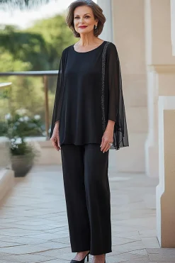 Preto Pescoço Redondo Chiffon Mangas Longas 2 Peças Mãe da Noiva Calça Ternos
