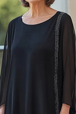 Preto Pescoço Redondo Chiffon Mangas Longas 2 Peças Mãe da Noiva Calça Ternos