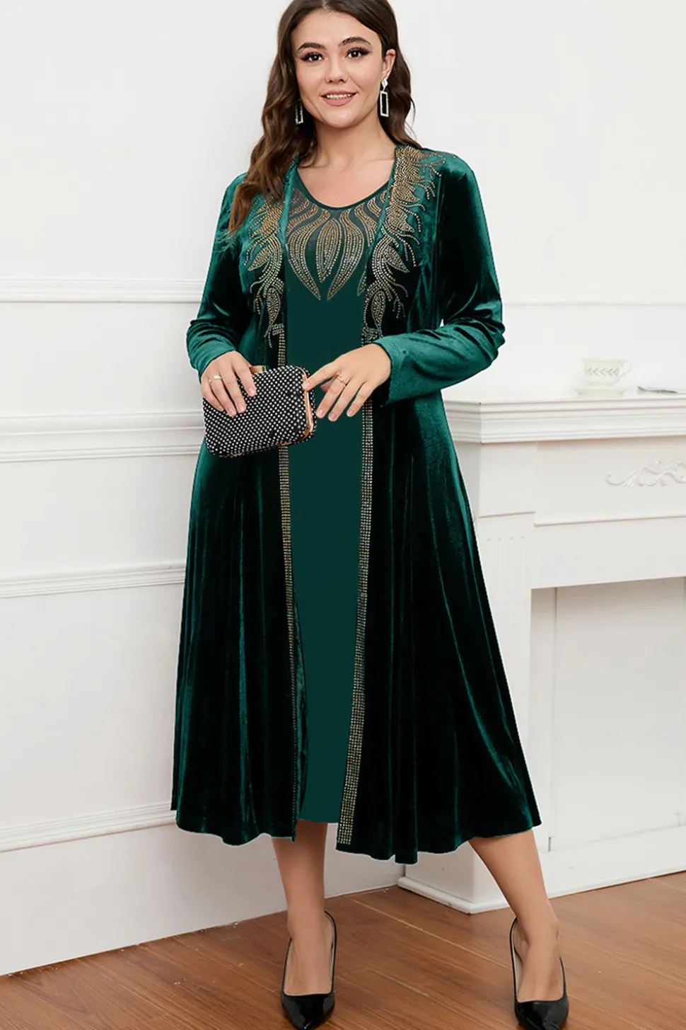 Preto Pescoço Redondo Mangas Longas A-Line Mãe do Vestido da Noiva