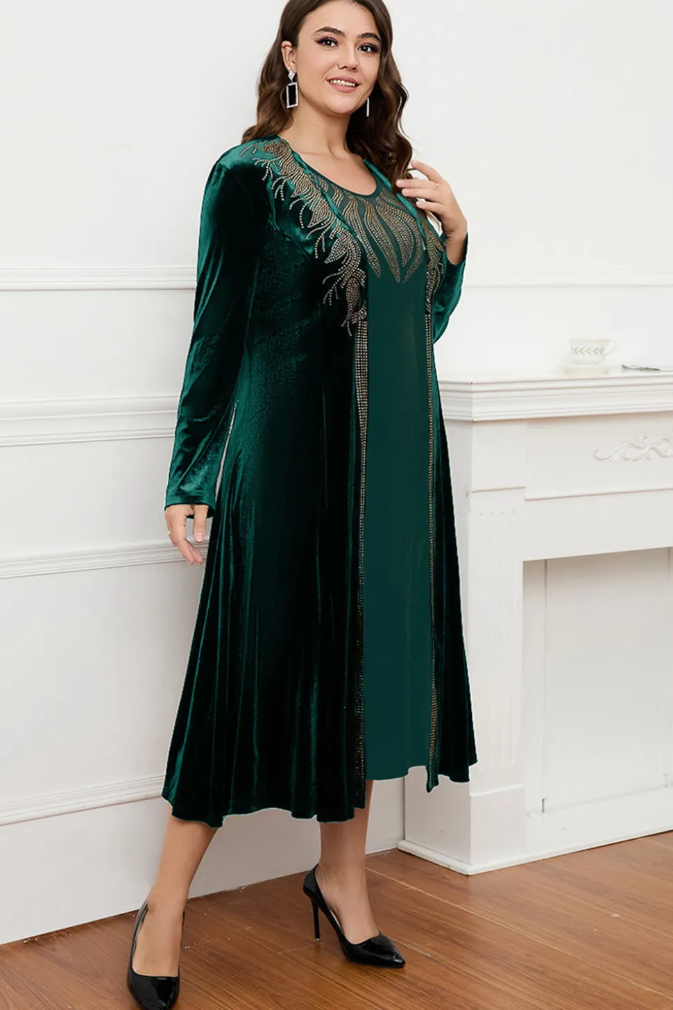 Preto Pescoço Redondo Mangas Longas A-Line Mãe do Vestido da Noiva
