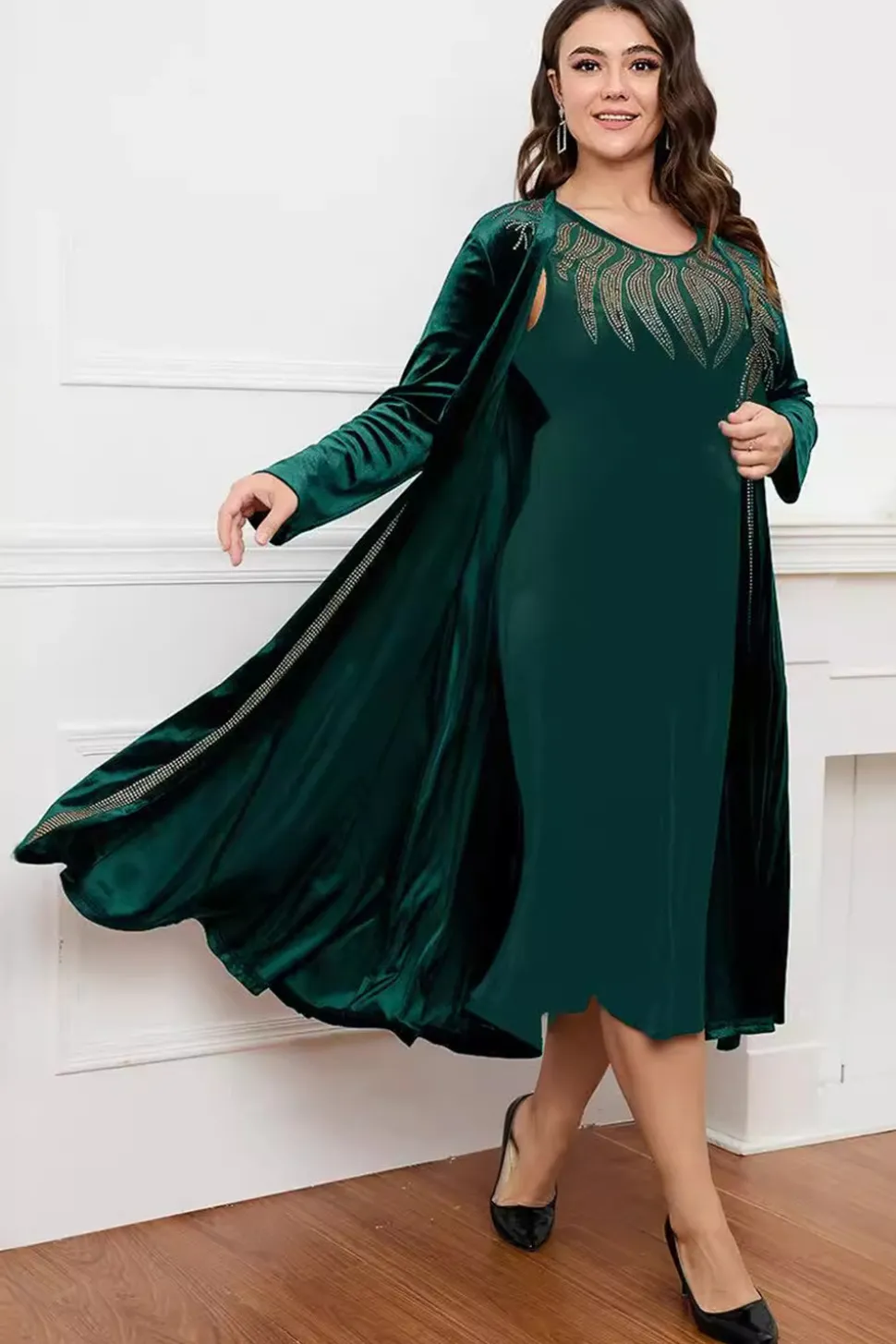 Preto Pescoço Redondo Mangas Longas A-Line Mãe do Vestido da Noiva