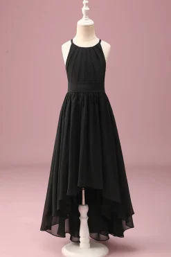 Preto pescoço redondo uma linha alta baixa vestido de dama de honra júnior com cinto