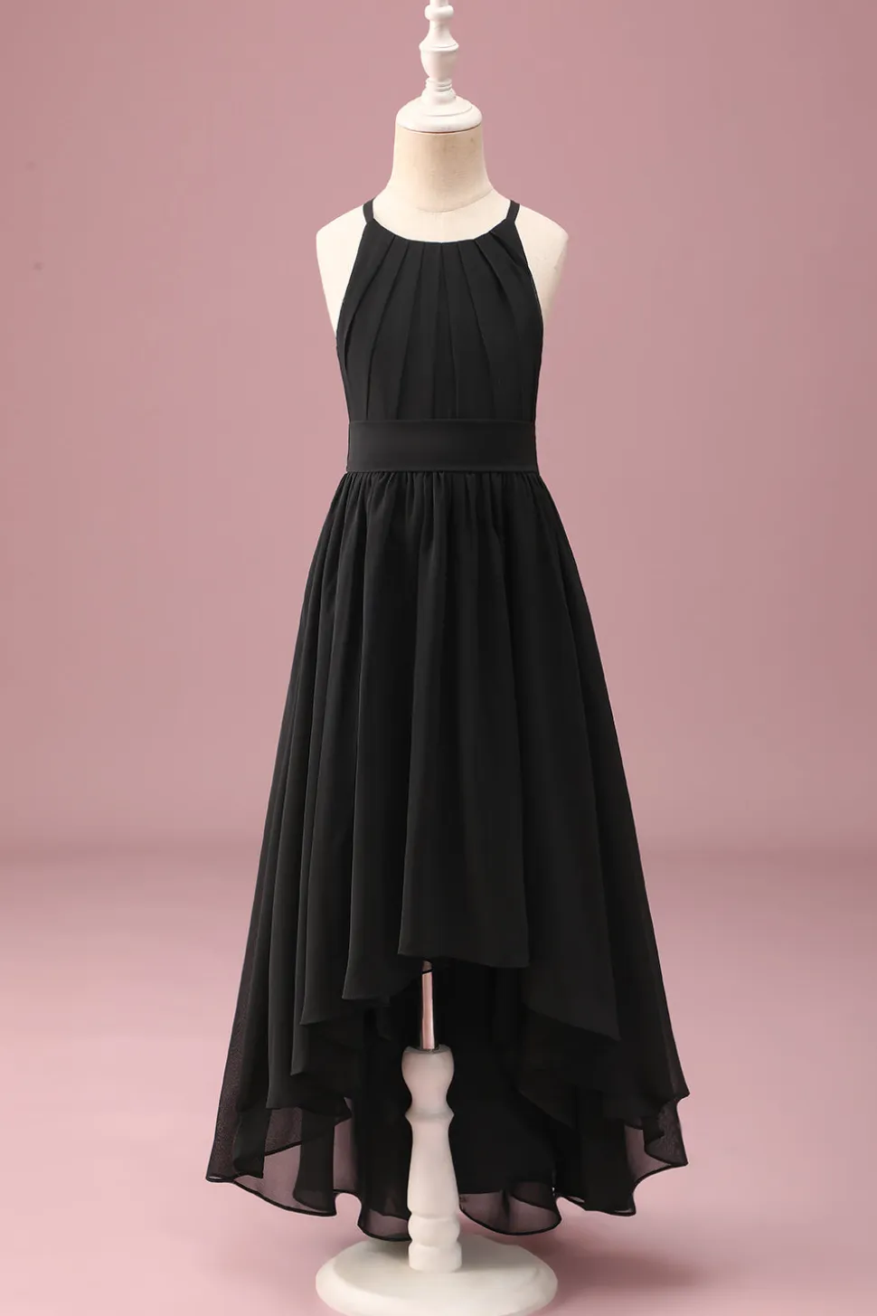 Preto pescoço redondo uma linha alta baixa vestido de dama de honra júnior com cinto