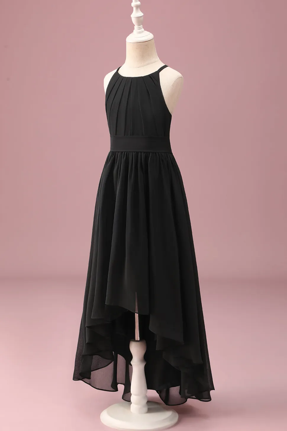 Preto pescoço redondo uma linha alta baixa vestido de dama de honra júnior com cinto