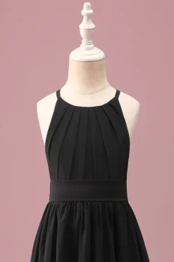 Preto pescoço redondo uma linha alta baixa vestido de dama de honra júnior com cinto