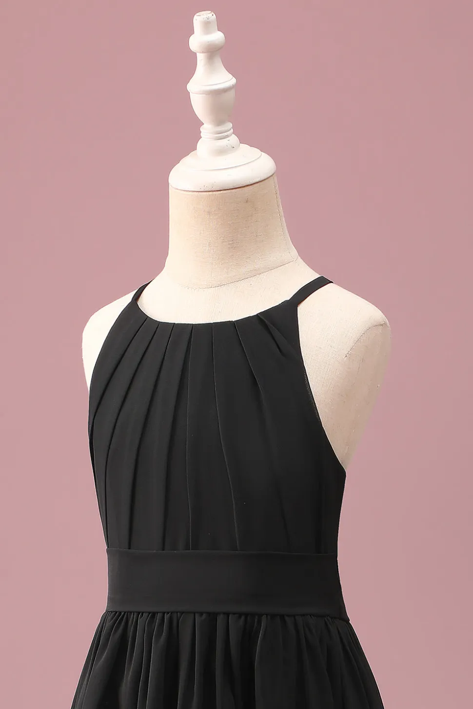 Preto pescoço redondo uma linha alta baixa vestido de dama de honra júnior com cinto