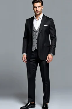 Preto Pico Lapela Stripe 3 Peças Fato Homem