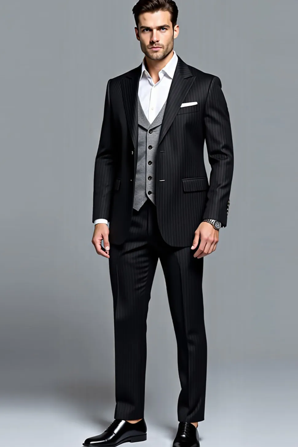 Preto Pico Lapela Stripe 3 Peças Fato Homem