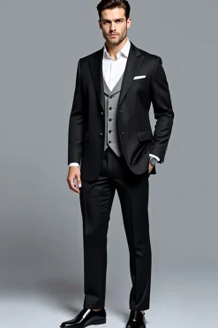 Preto Pico Lapela Stripe 3 Peças Fato Homem
