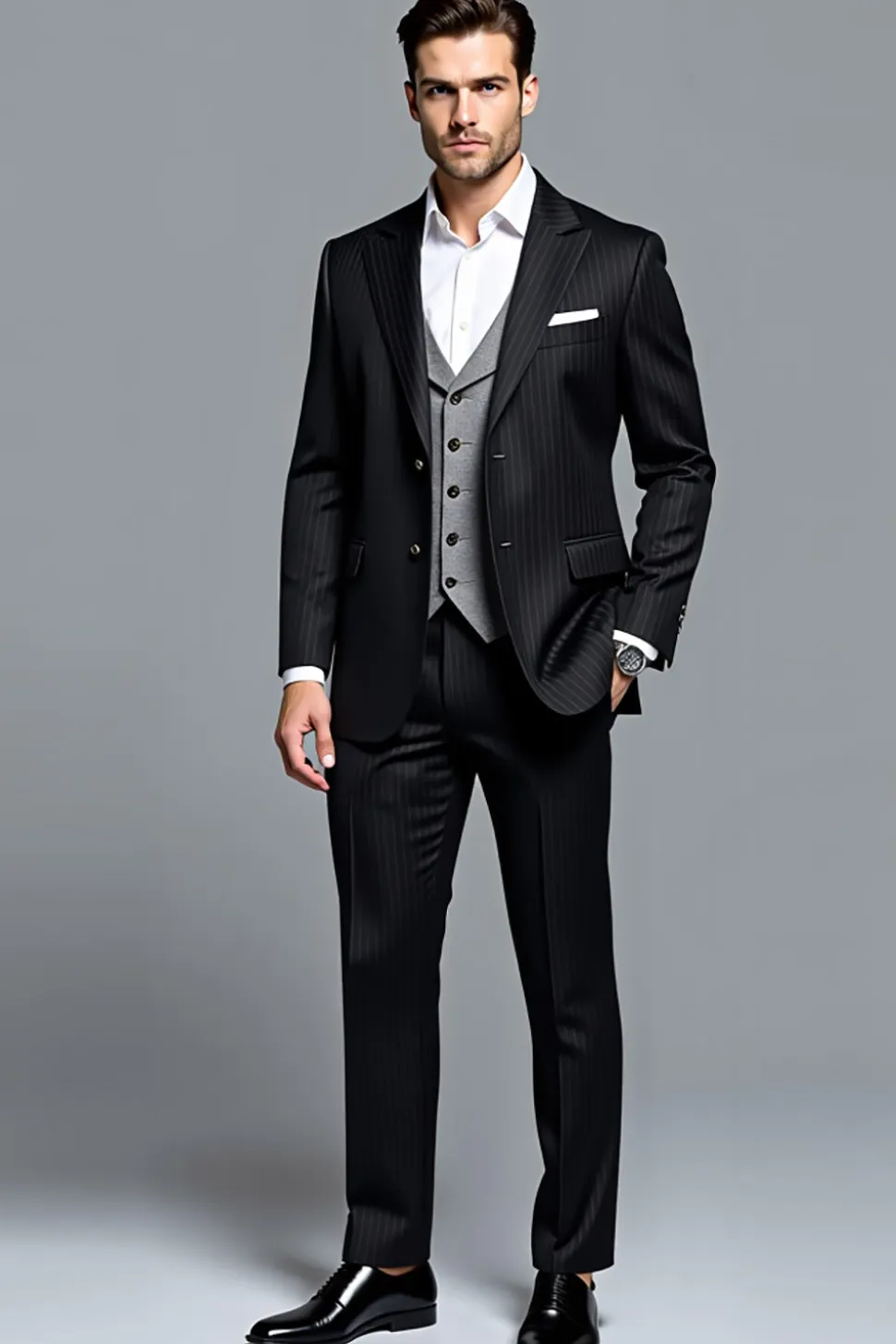Preto Pico Lapela Stripe 3 Peças Fato Homem