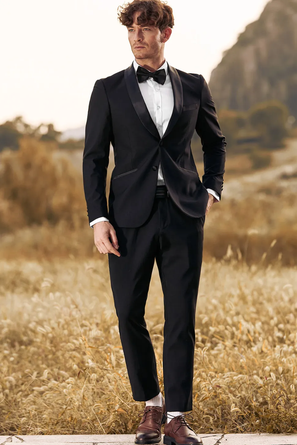 Preto 3-Pieces Xaile Lapela Slim Fit Ternos Masculinos