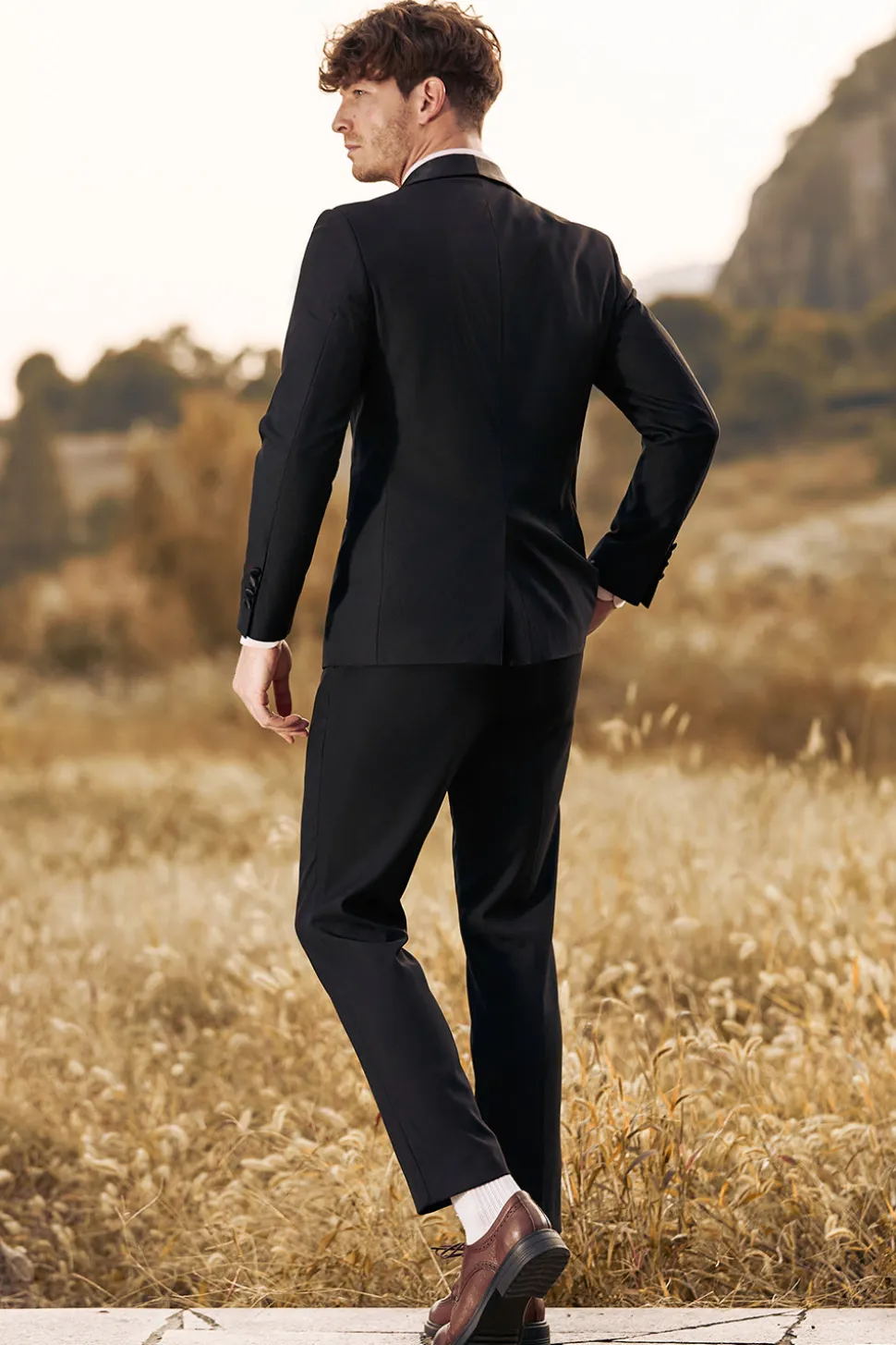 Preto 3-Pieces Xaile Lapela Slim Fit Ternos Masculinos