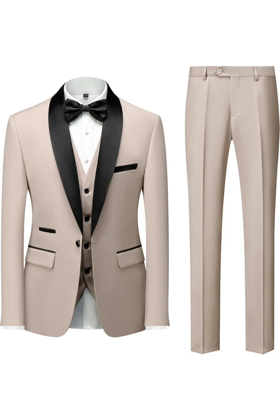Preto 3-Pieces Xaile Lapela Slim Fit Ternos Masculinos