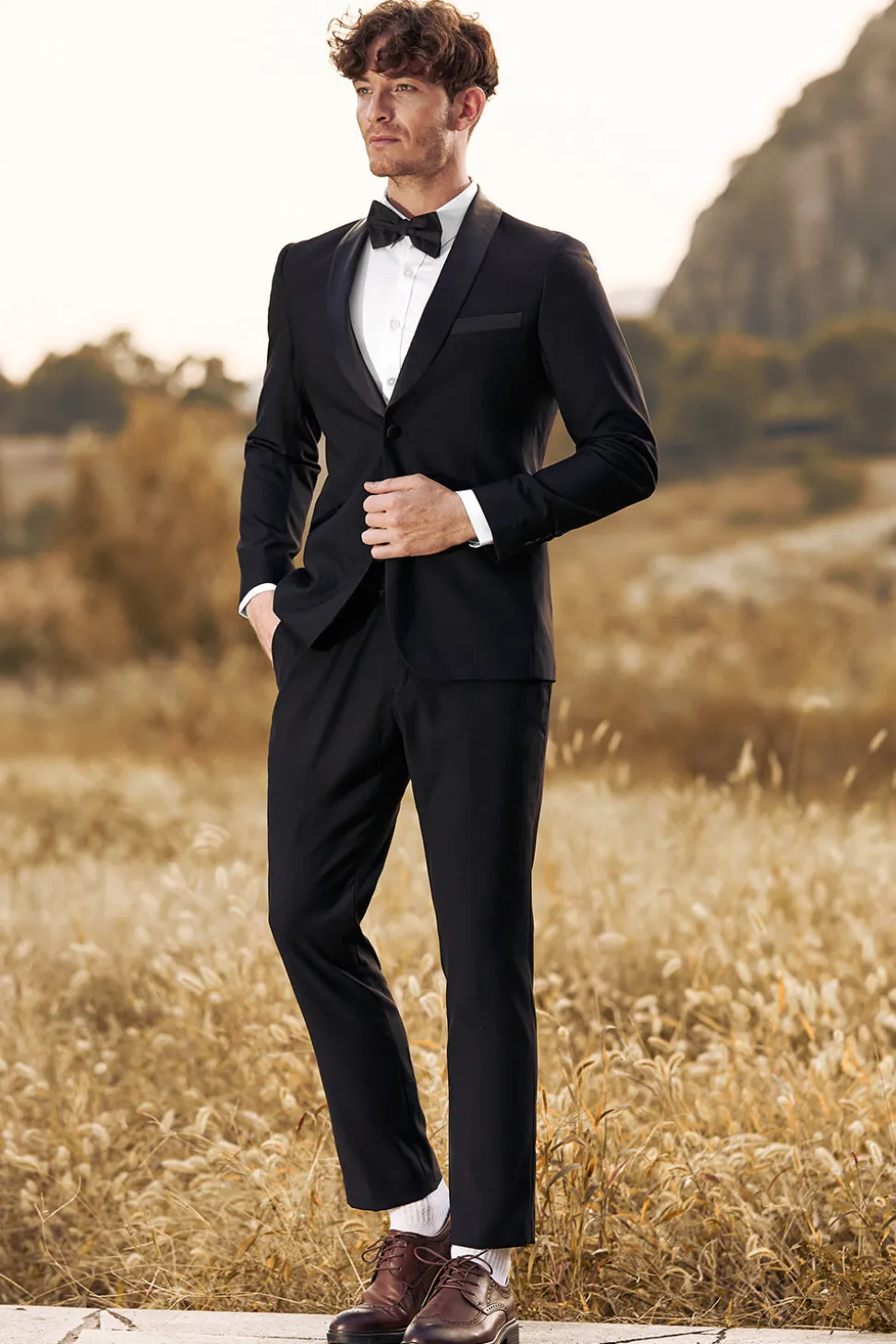 Preto 3-Pieces Xaile Lapela Slim Fit Ternos Masculinos