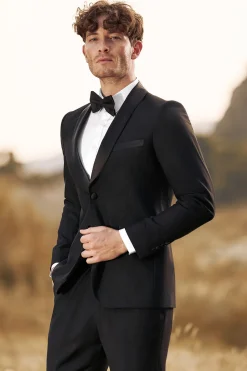 Preto 3-Pieces Xaile Lapela Slim Fit Ternos Masculinos