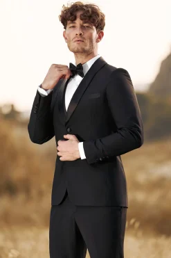 Preto 3-Pieces Xaile Lapela Slim Fit Ternos Masculinos