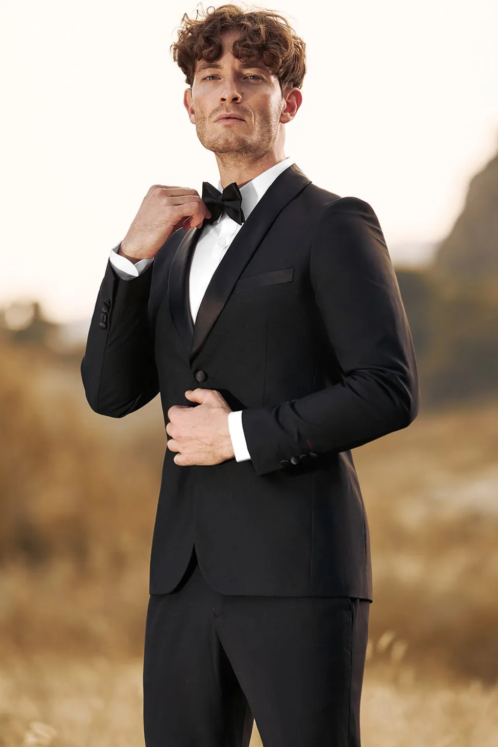 Preto 3-Pieces Xaile Lapela Slim Fit Ternos Masculinos