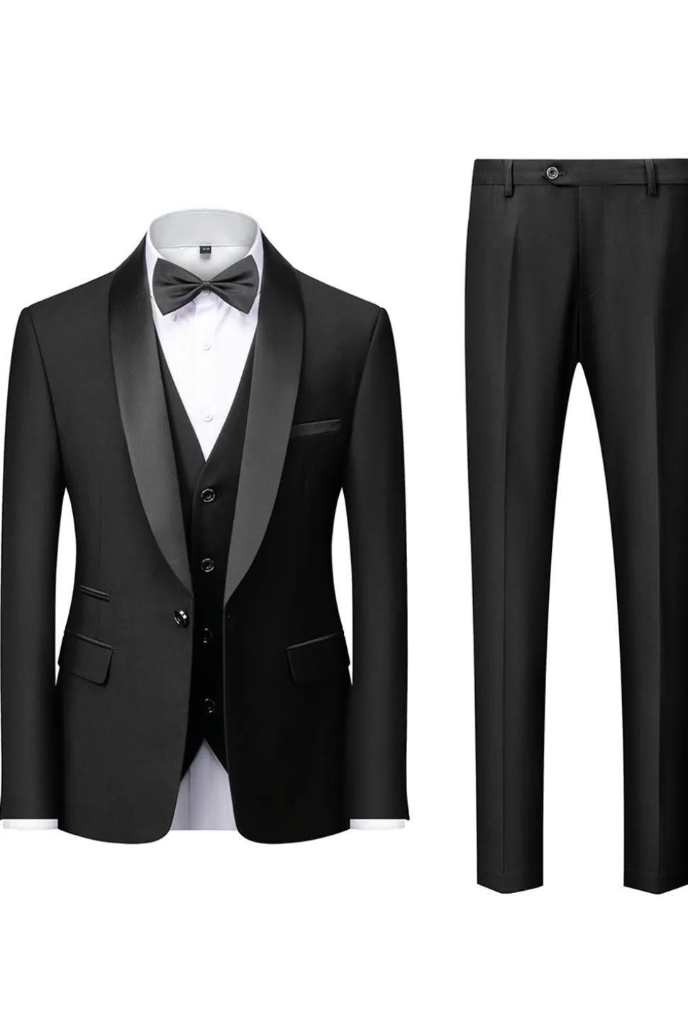 Preto 3-Pieces Xaile Lapela Slim Fit Ternos Masculinos