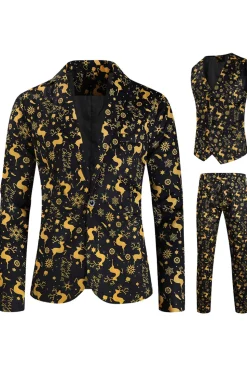 Preto 3-Pieces Yellow Elk Printed Men's Christmas Suits