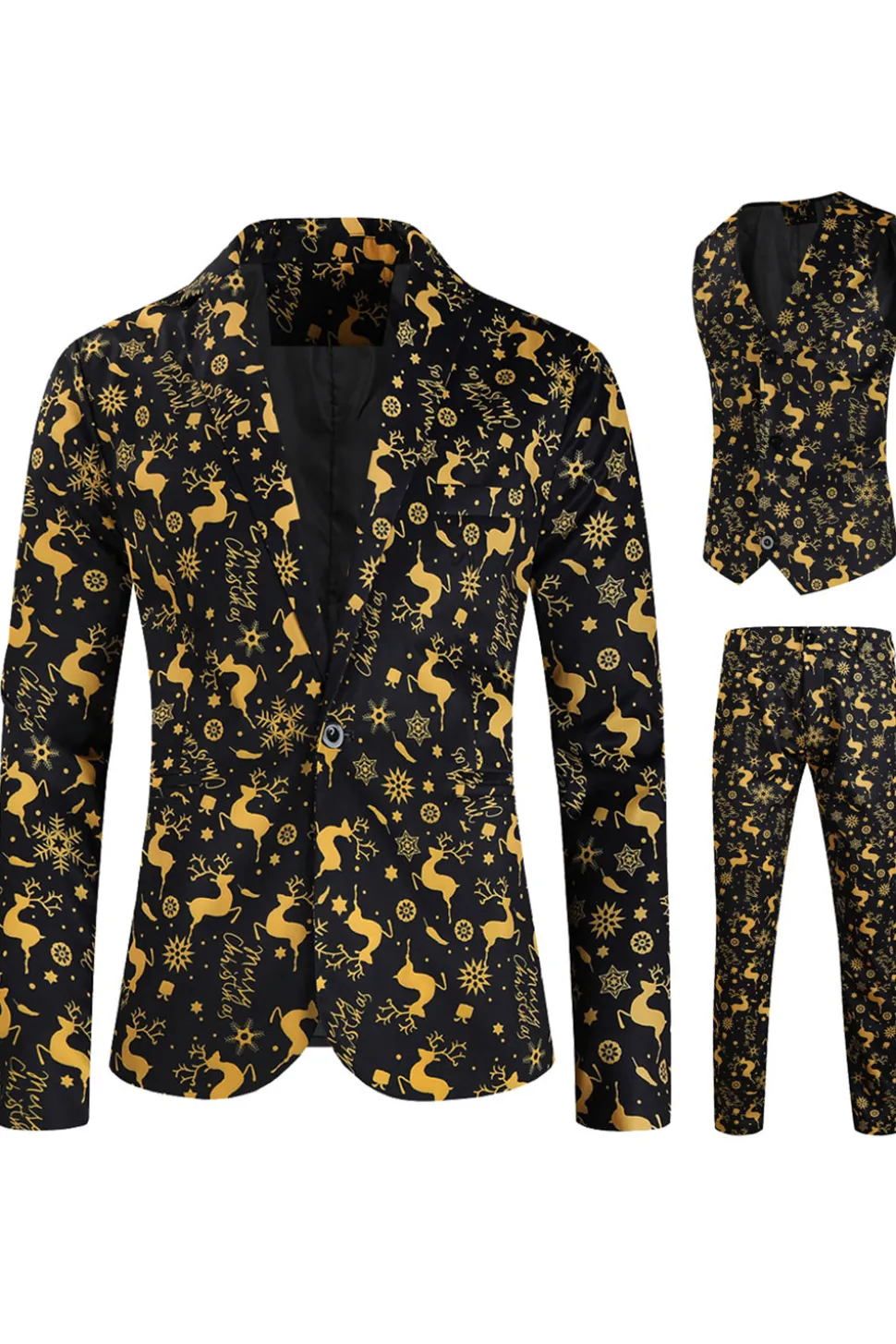 Preto 3-Pieces Yellow Elk Printed Men's Christmas Suits