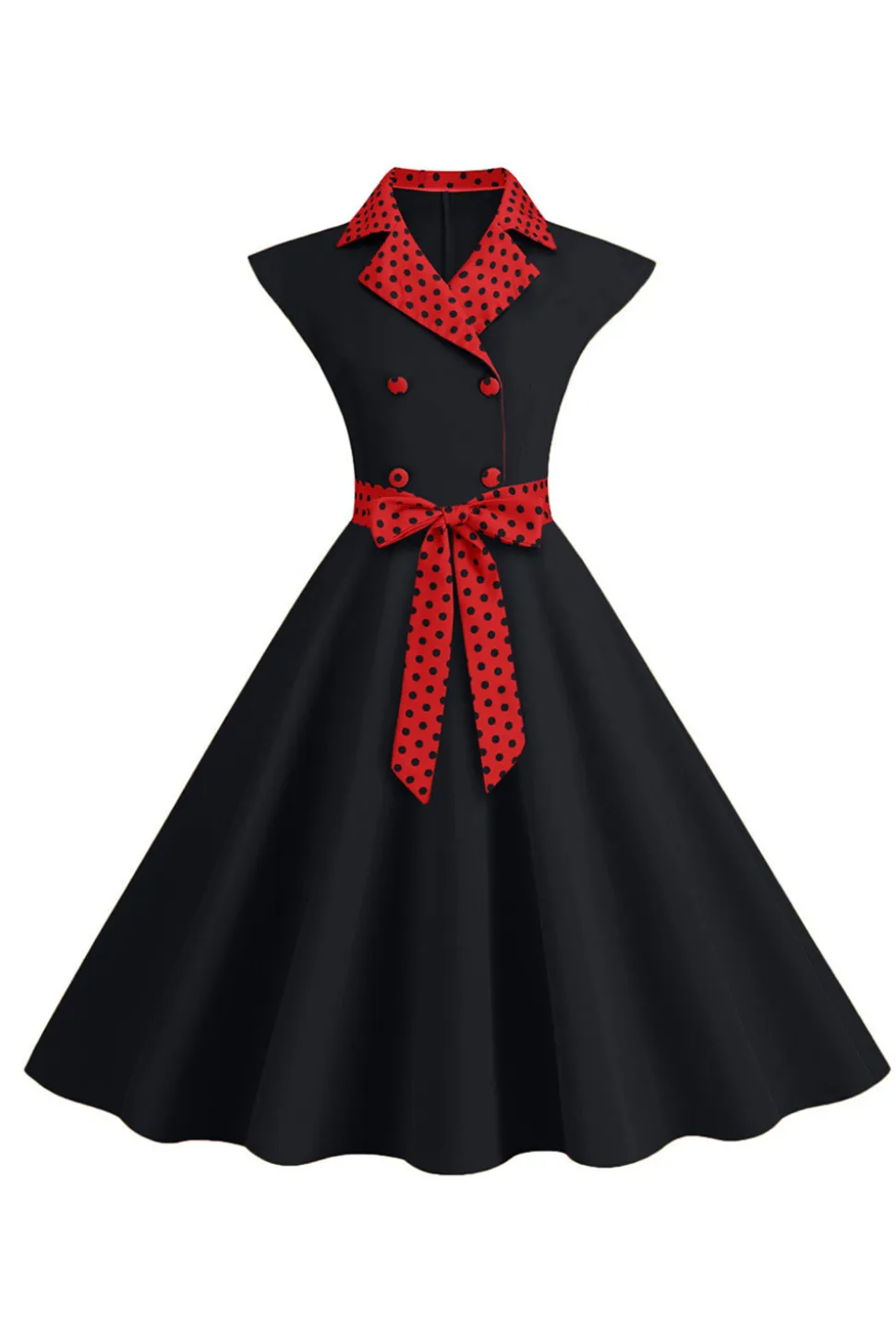Preto Pontos de Polka Vestido dos anos 1950 com laço