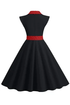 Preto Pontos de Polka Vestido dos anos 1950 com laço