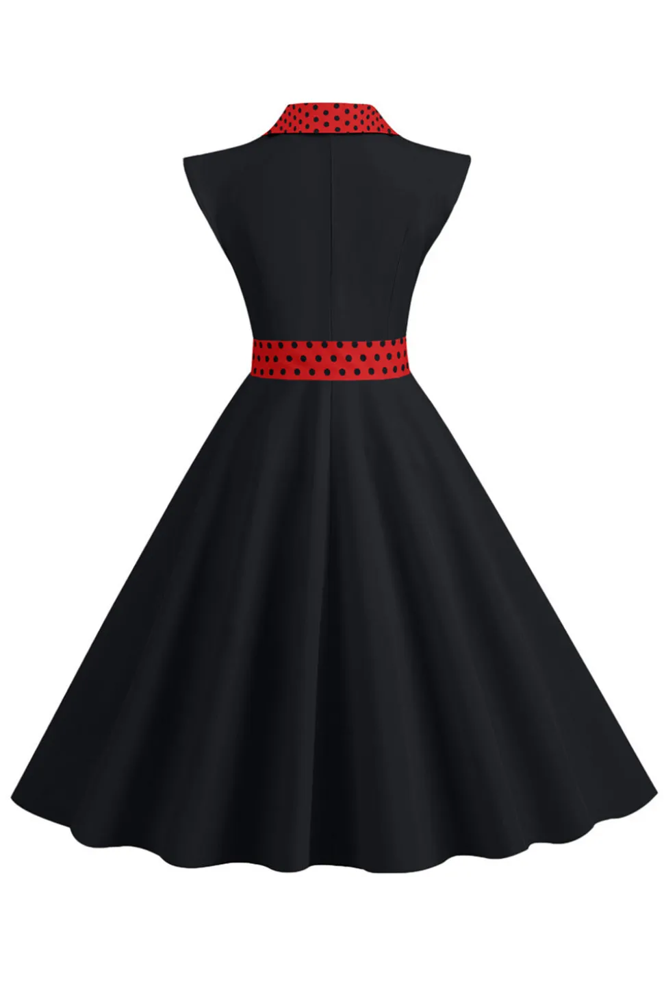 Preto Pontos de Polka Vestido dos anos 1950 com laço