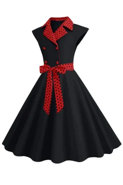 Preto Pontos de Polka Vestido dos anos 1950 com laço