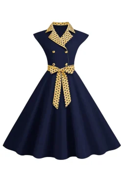 Preto Pontos de Polka Vestido dos anos 1950 com laço