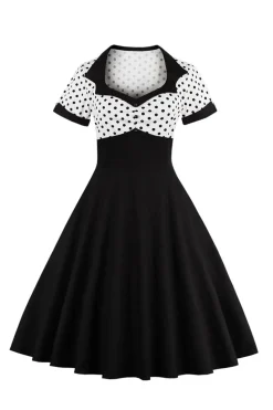 Preto Pontos de Polka Vestido dos anos 1950 Com Mangas Curtas