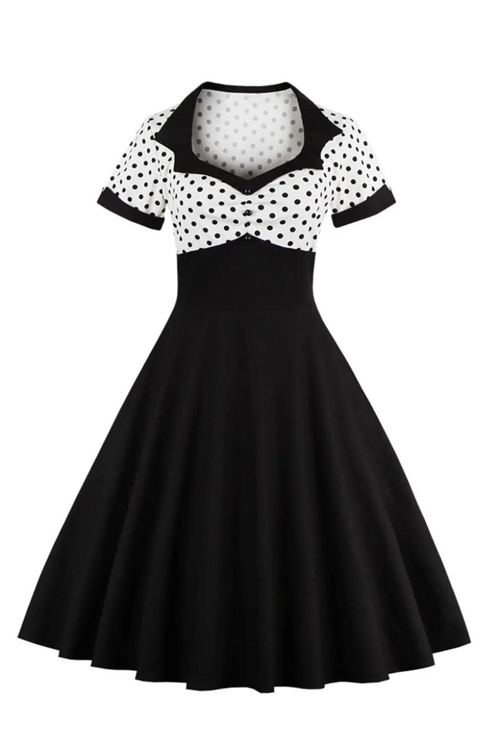 Preto Pontos de Polka Vestido dos anos 1950 Com Mangas Curtas