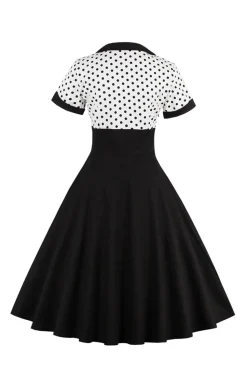 Preto Pontos de Polka Vestido dos anos 1950 Com Mangas Curtas