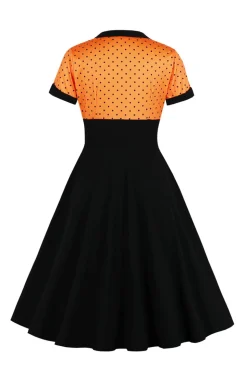 Preto Pontos de Polka Vestido dos anos 1950 Com Mangas Curtas