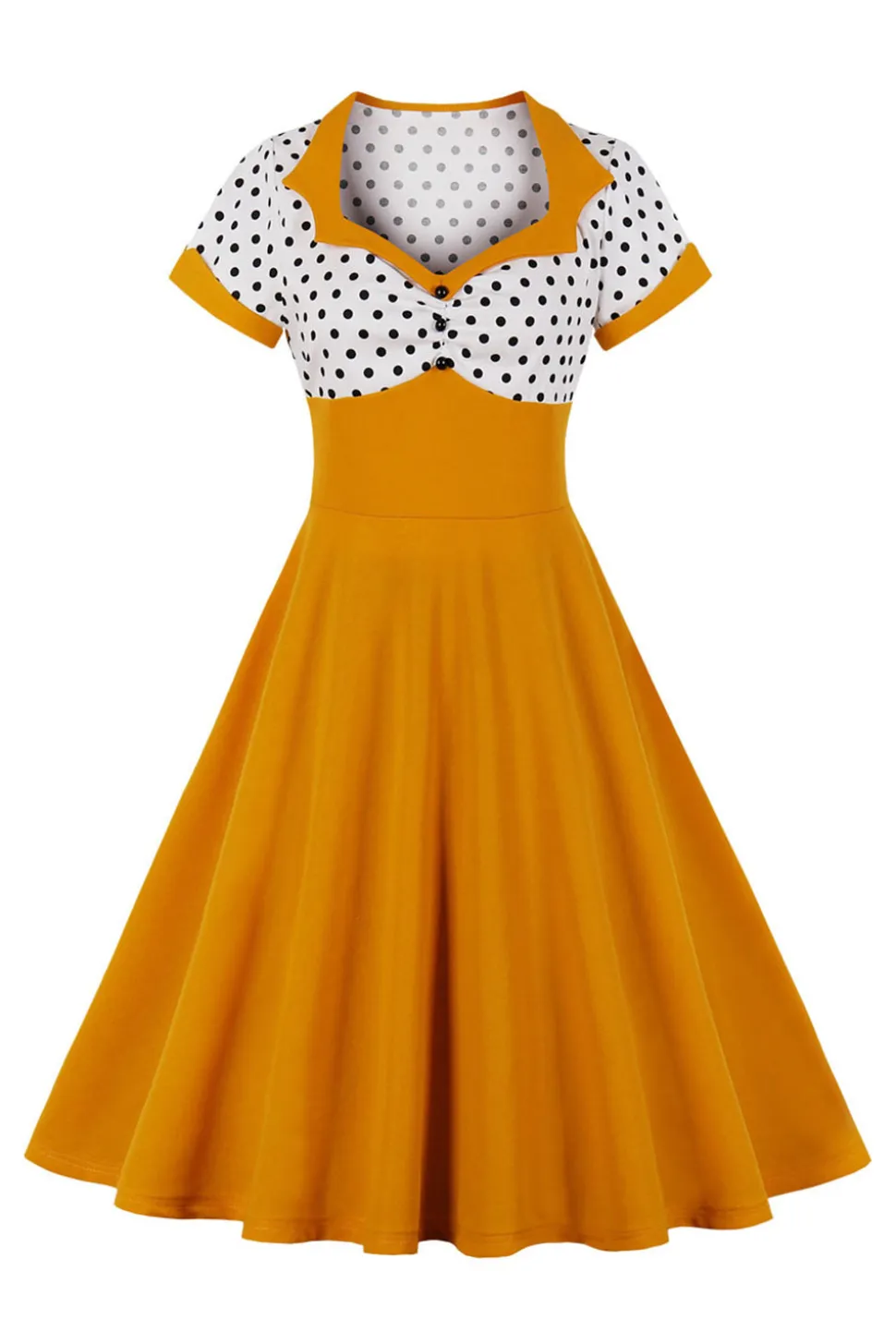 Preto Pontos de Polka Vestido dos anos 1950 Com Mangas Curtas