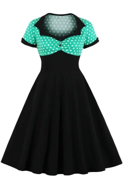 Preto Pontos de Polka Vestido dos anos 1950 Com Mangas Curtas