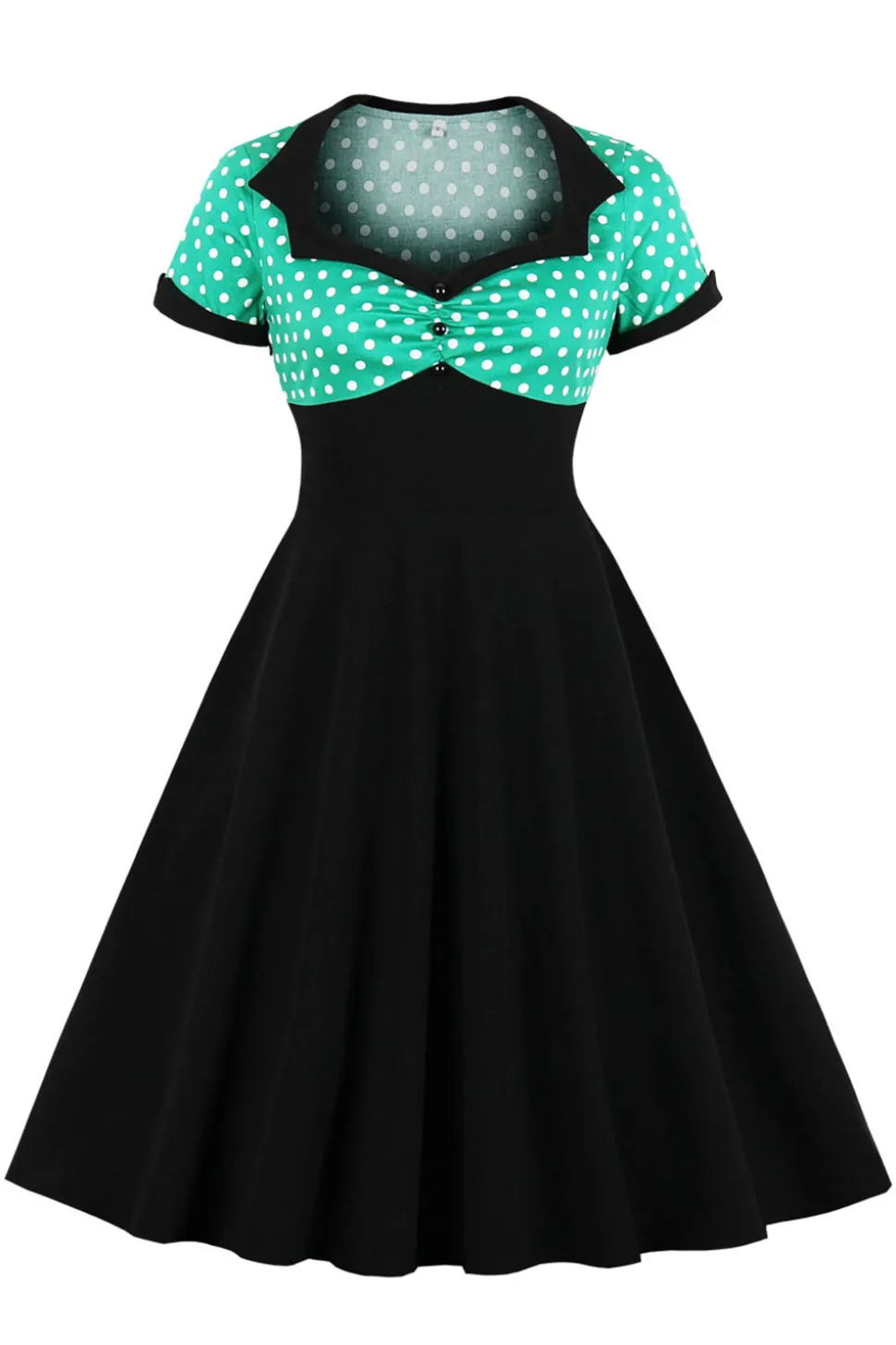 Preto Pontos de Polka Vestido dos anos 1950 Com Mangas Curtas