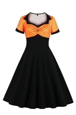 Preto Pontos de Polka Vestido dos anos 1950 Com Mangas Curtas